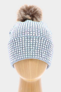 Embellished Beanie Hat with Pom Pom