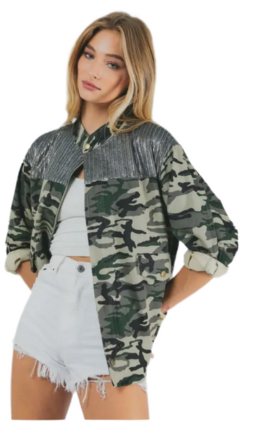 Plus Camo Sequined Long Sleeve Jacket Oversized