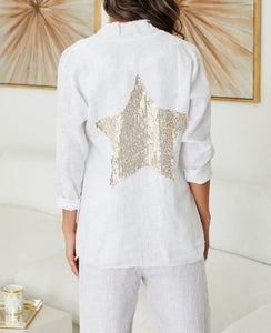 Linen White Open Cardigan Sequin Star
