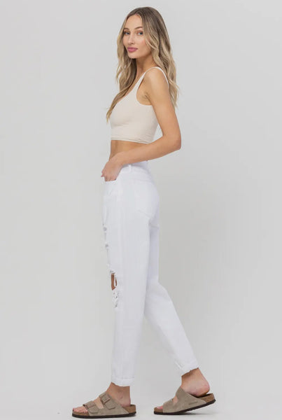 High Rise White Distressed Mom Jeans