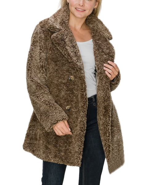 Olive Long Sleeve Double Breasted Teddy Coat