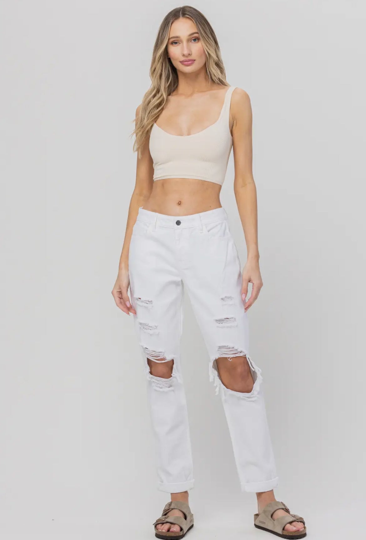 High Rise White Distressed Mom Jeans