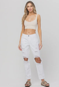 High Rise White Distressed Mom Jeans