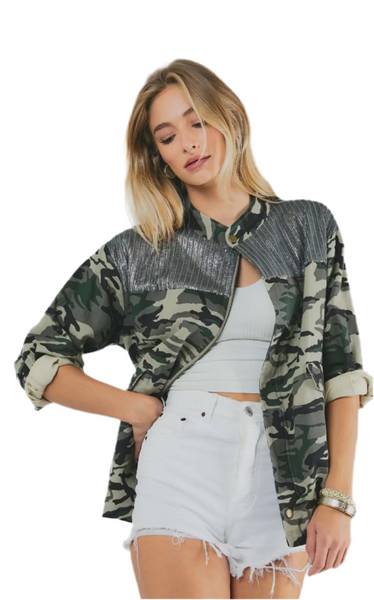 Plus Camo Sequined Long Sleeve Jacket Oversized