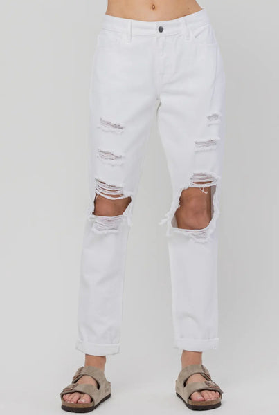 High Rise White Distressed Mom Jeans