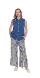 LINEN FLORAL ELASTIC WAIST PANTS WITH POCKETS AND SLIT