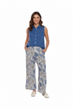 LINEN FLORAL ELASTIC WAIST PANTS WITH POCKETS AND SLIT
