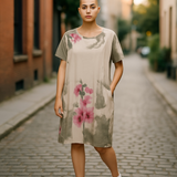 Linen Short Sleeve Print Midi Dress