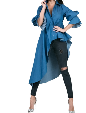 Women Asymmetric Hem w/ruffle Long Sleeve, Button Down Shirt