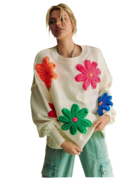 Knit Floral Patched Multi Color Sweater