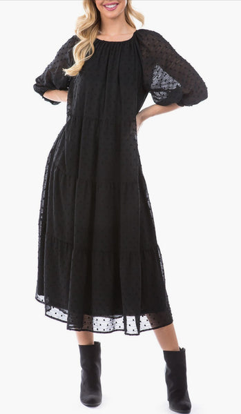 Puff sleeve Clip Dot Maxi Black Dress