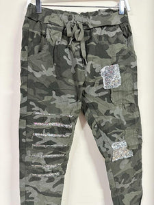 Camouflage Crinkle Jogger pants w/ Sequin Patches