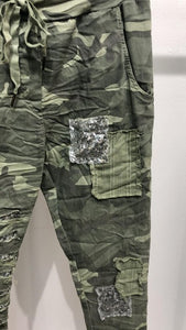 Camouflage Crinkle Jogger pants w/ Sequin Patches