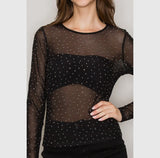 Mesh Rhinestones Long Sleeve Top