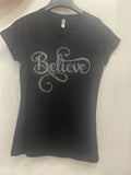 Believe Clear Rhinestone Crewneck Short Sleeve plus Shirt