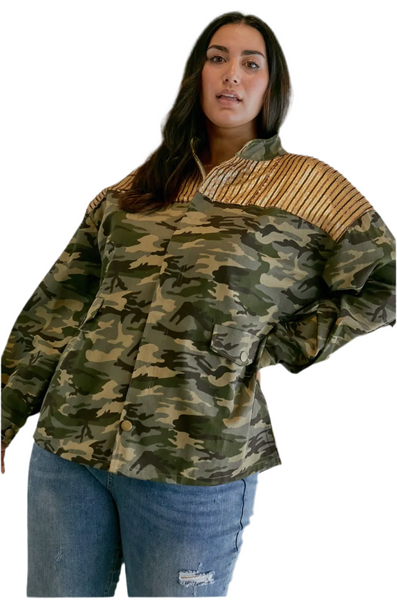 Plus Camo Sequined Long Sleeve Jacket Oversized