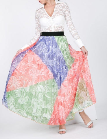 Color Block Pleated Maxi Skirt