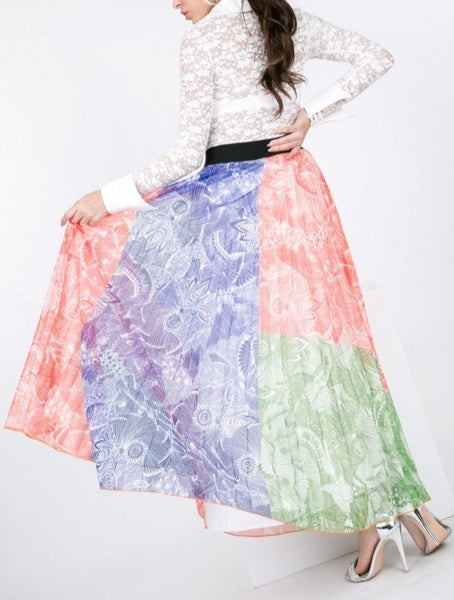 Color Block Pleated Maxi Skirt