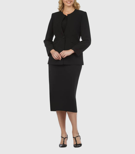 3 pc collarless 1-button skirt suit