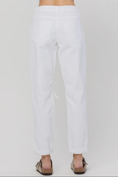 High Rise White Distressed Mom Jeans