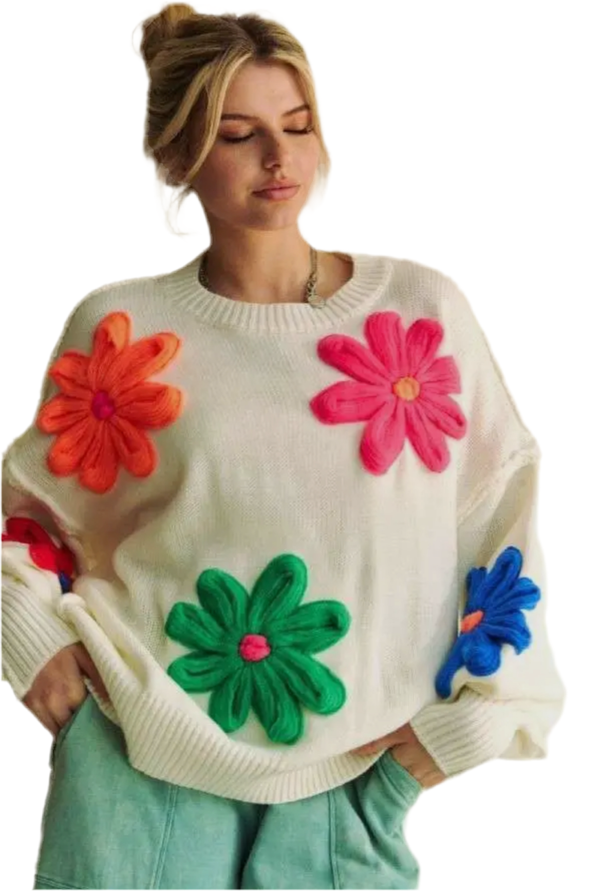 Knit Floral Patched Multi Color Sweater