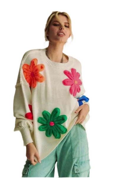 Knit Floral Patched Multi Color Sweater