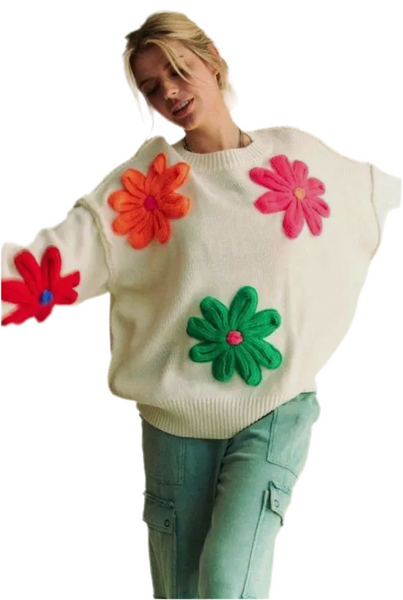 Knit Floral Patched Multi Color Sweater