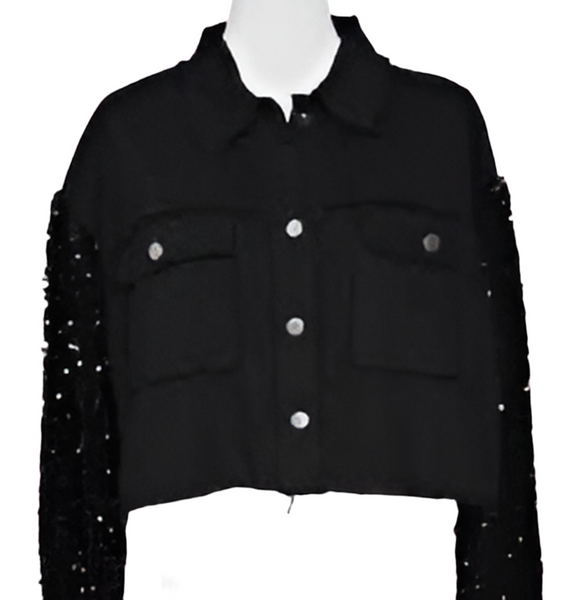 Sequin Sleeves Denim Cropped Jacket