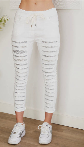 White Sequin Crinkle Jogger pants