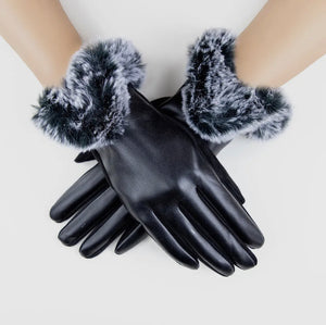 Gloves Black Faux Fur Leather