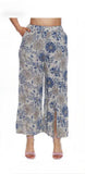 LINEN FLORAL ELASTIC WAIST PANTS WITH POCKETS AND SLIT