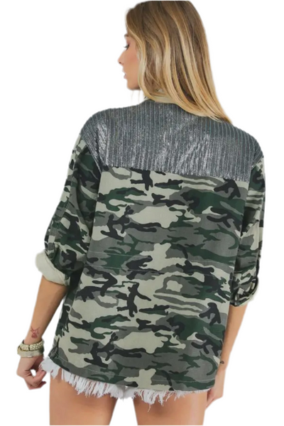 Plus Camo Sequined Long Sleeve Jacket Oversized