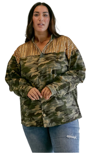 Plus Camo Sequined Long Sleeve Jacket Oversized