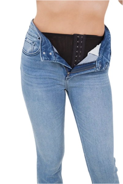 Corset Denim Double Waistband Frayed Hem Straight Jeans