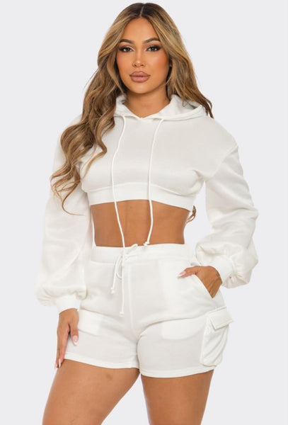 Cropped Hoodie and Cargo Shorts Set