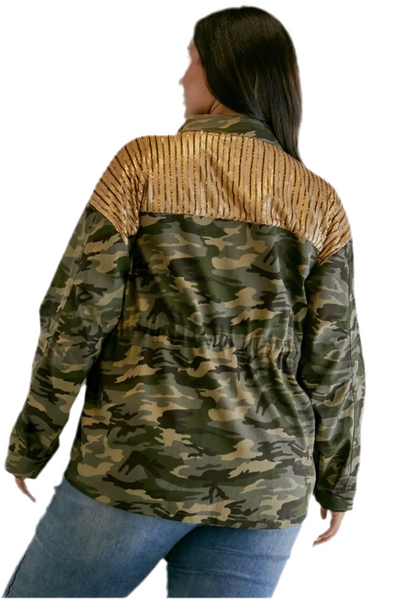 Plus Camo Sequined Long Sleeve Jacket Oversized