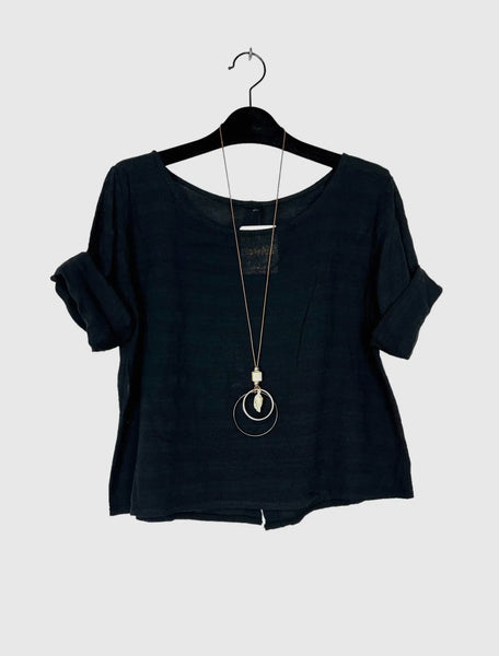 Crop Cotton Blouse Solid Color w/Necklace