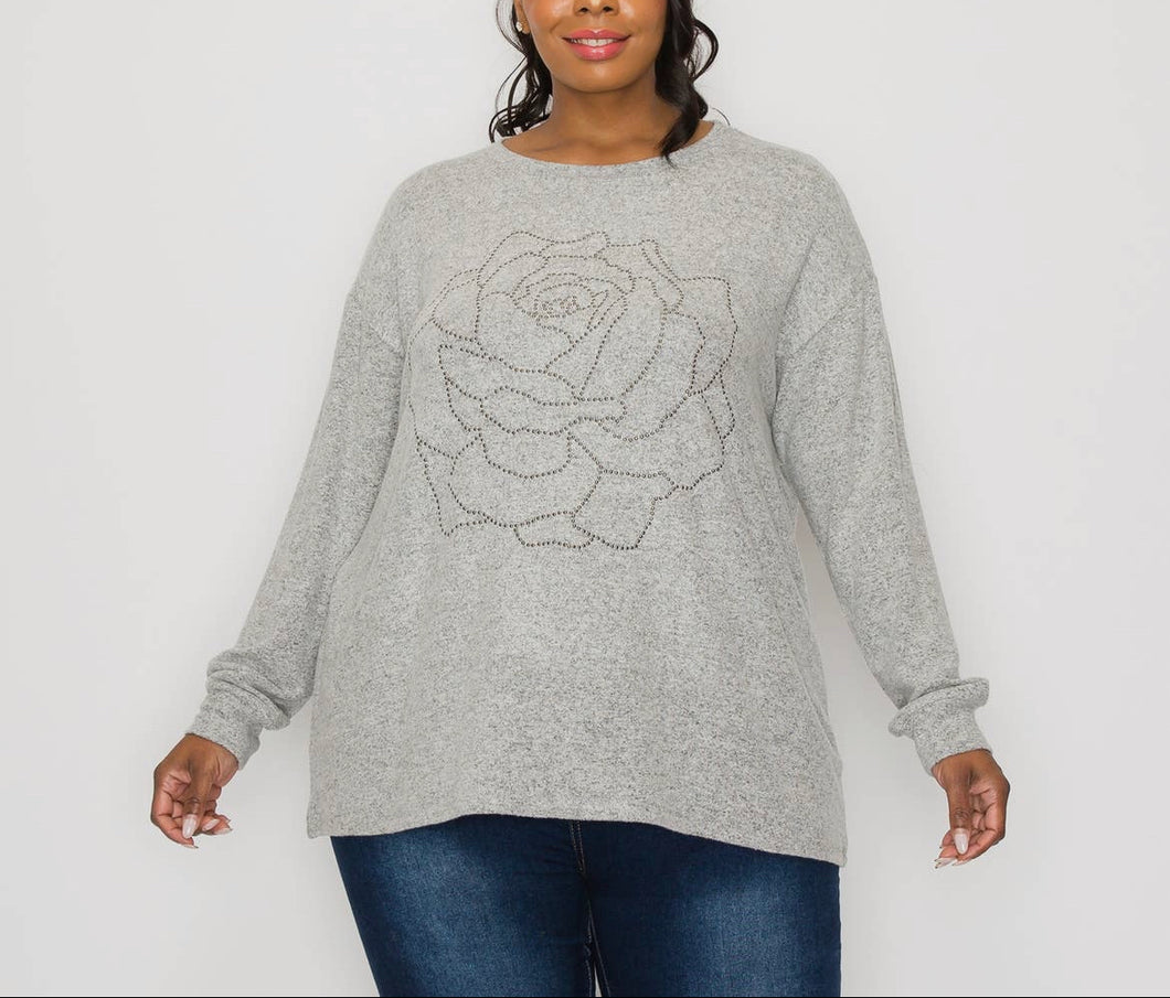 Cozy Knit Long Sleeve Rose Stud Pullover