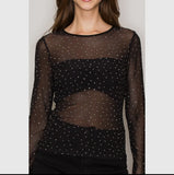 Mesh Rhinestones Long Sleeve Top