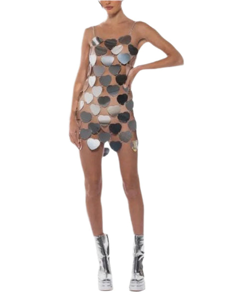 silver chain mini dress AKIRA Backstage Pass Metal Body Chain Mini Dress