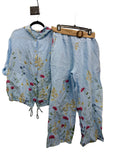FLORAL LINEN PANTS & BLOUSE SET WITH BELT/HOOD