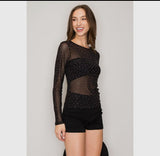 Mesh Rhinestones Long Sleeve Top