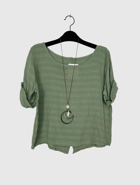 Crop Cotton Blouse Solid Color w/Necklace