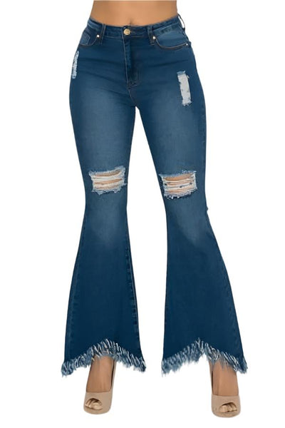 Fringe Distressed Denim Flare Pants - Women