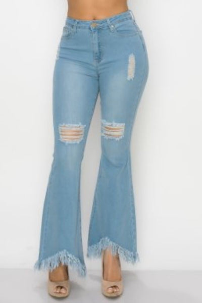 Fringe Distressed Denim Flare Pants - Women