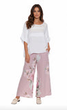 LINEN FLORAL PRINT WIDE LEG PANTS WITH POCKETS AND WIDE ELASTIC BAND