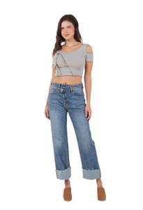 Cuff Detail Crossover High Waist Straight Jeans