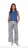 LINEN FLORAL ELASTIC WAIST PANTS WITH POCKETS AND SLIT