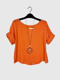 Crop Cotton Blouse Solid Color w/Necklace
