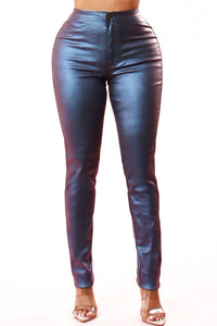 Metallic High Rise Skinny Coated Pants